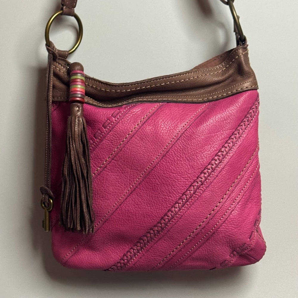 Fossil Pink Purple‎ Brown Leather Tassel Crossbody Bag Braided Strap Tassel Boho